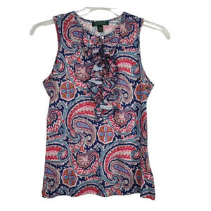 Lauren Ralph Lauren Blue Red Paisley Tank Top Ruffle Women Size M Keyhole Neck